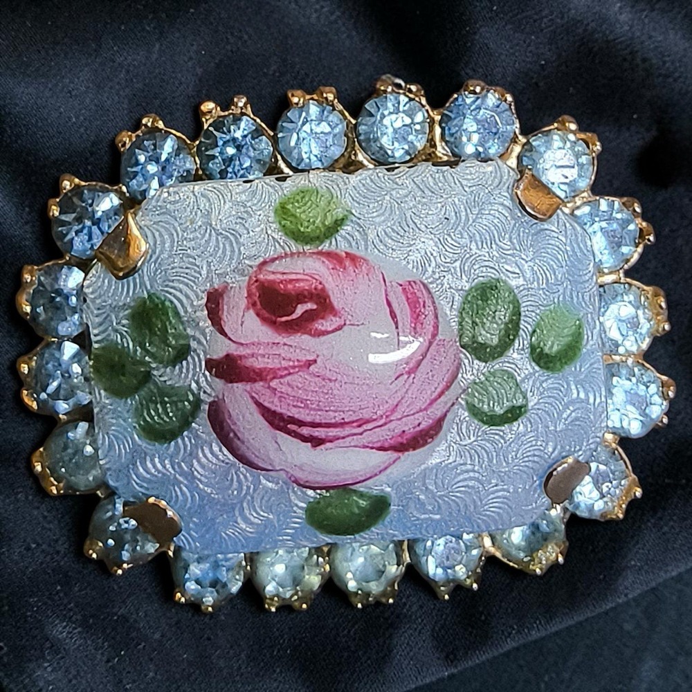 Vintage Coro Guilloche Enamel Rose Brooch Blue Rhinestone Frame Signed 1950s